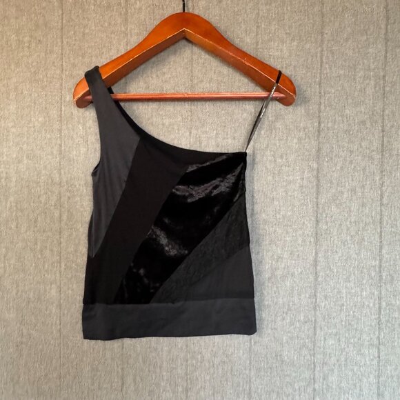 90s Vintage Bebe Black Silk Lace Mix Fabric Shelf Bra One Shoulder Blouse - Picture 5 of 11